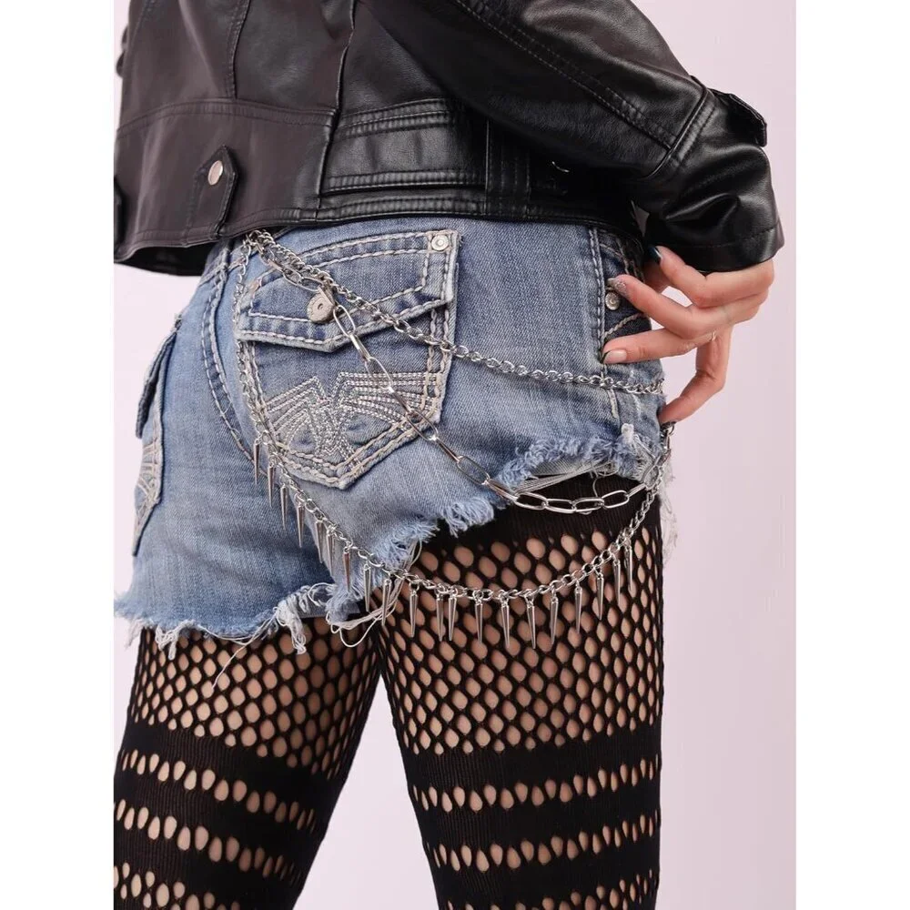 Gothic Layered Silver-tone Spike Chain Wallet Belt Punk Accessories for Men Wome